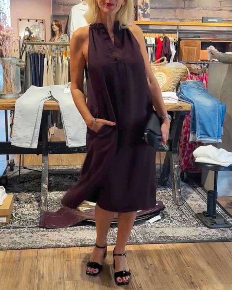 Casual solid color sleeveless V-neck pockets dress 202466 casual dresses summer