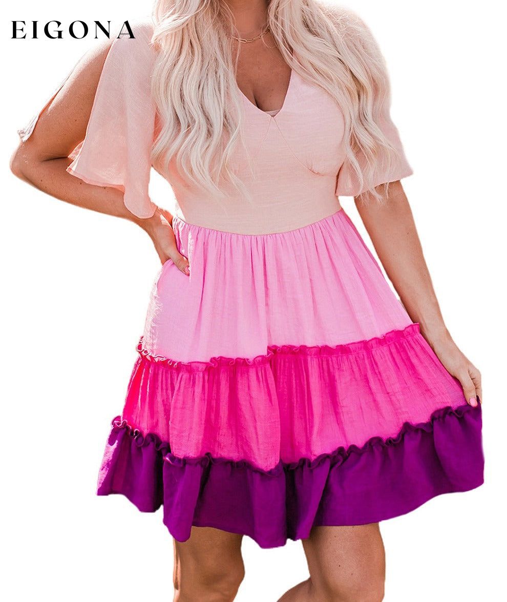 Pink Ombre Colorblock Tiered Dress All In Stock casual dress casual dresses clothes Color Pink DL Exclusive dress dresses Occasion Daily Print Color Block Season Summer short dresses Style Southern Belle