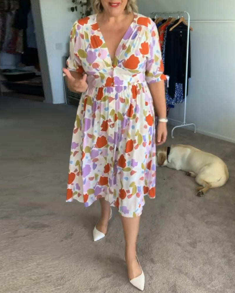 Deep V floral print elegant dress casual dresses spring summer