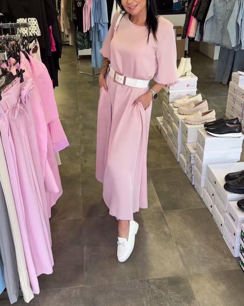 Solid Color Lantern Sleeve Dress