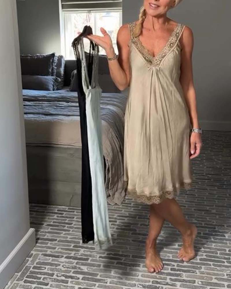 Sexy V-Neck Suspender Lace Patchwork Dress