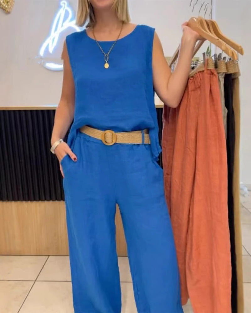 Set di pantaloni senza maniche in cotone e lino tinta unita