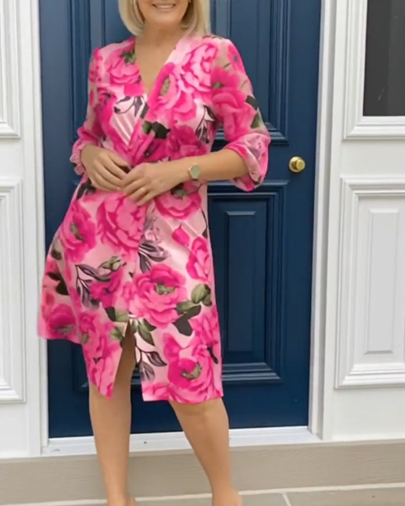 V-Neck Floral Print Long-Sleeve Dress