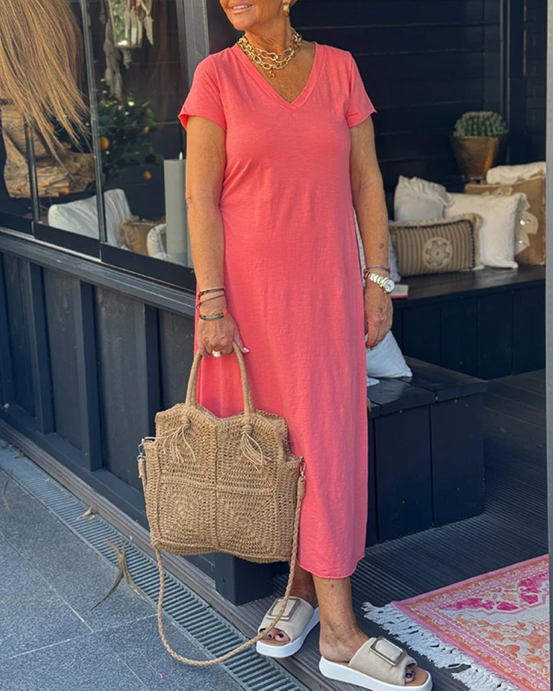 V-Neck Solid Color Short-Sleeved Long Dress