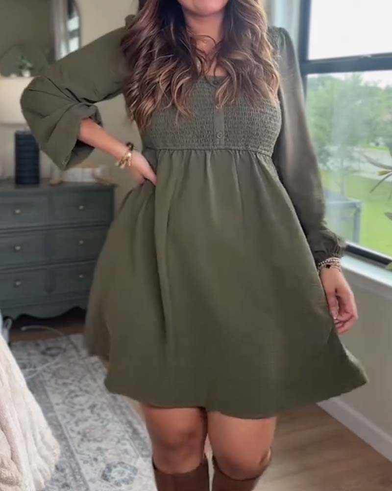 Casual Solid Color U-Neck Long-Sleeved Dress