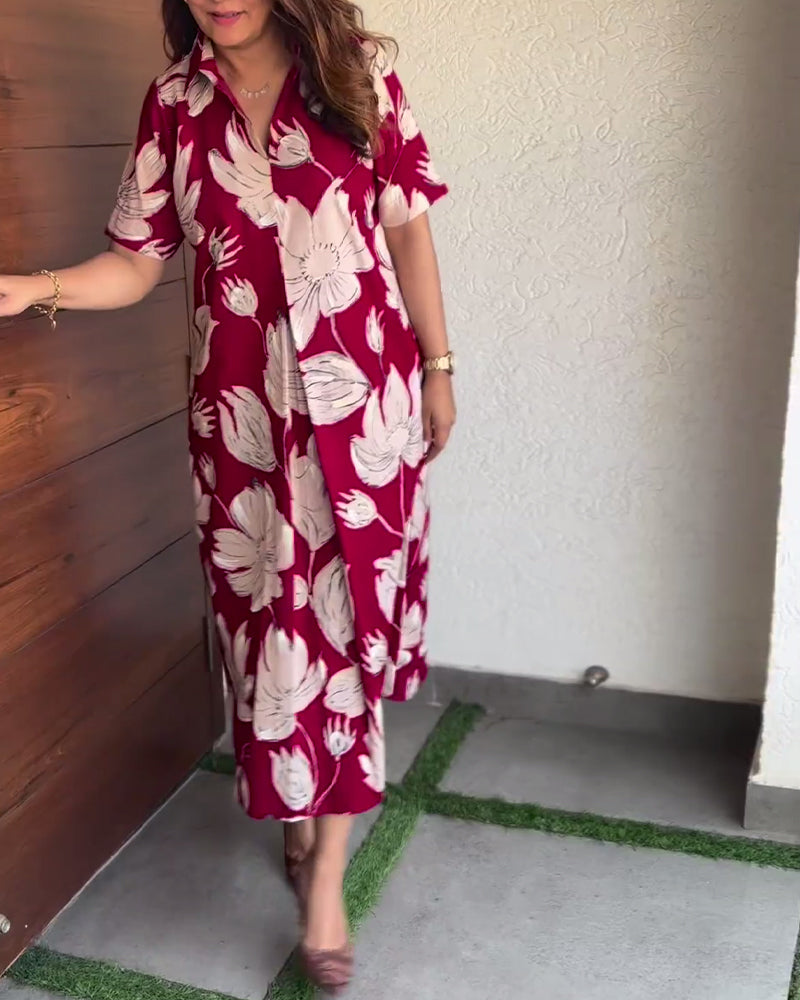 Floral print lapel short sleeve casual dress 202466 casual dresses summer