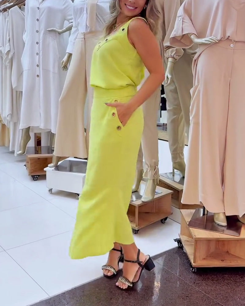 Completo gonna casual senza maniche in tinta unita