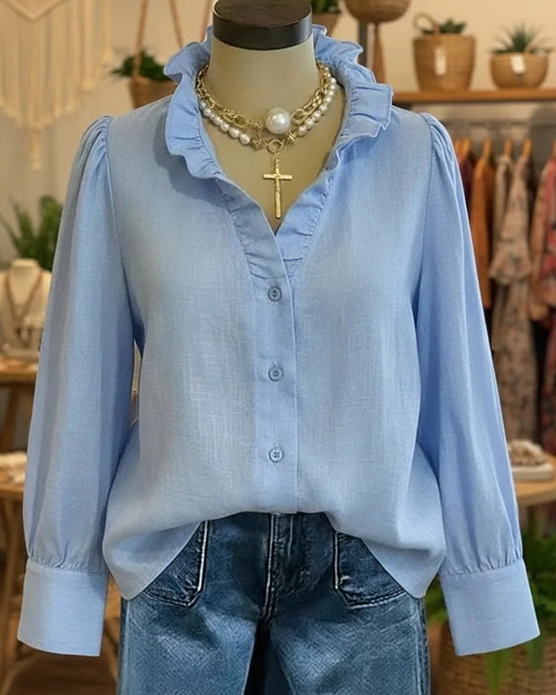 Elegant Lace Ruffle Linen Blouse