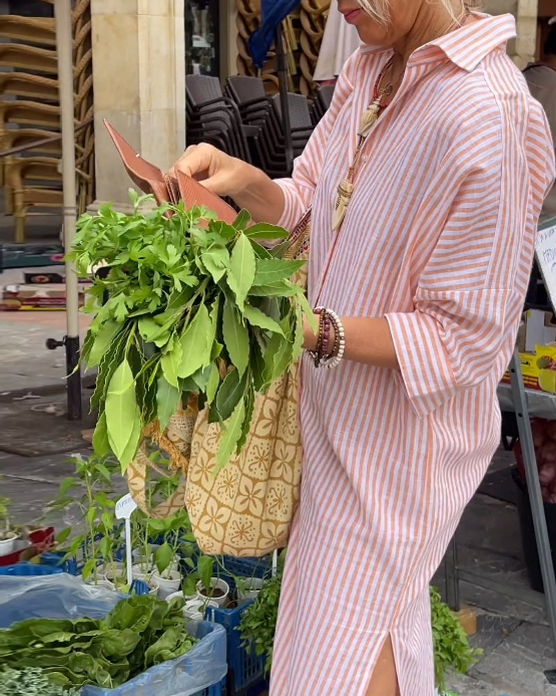 Lapel striped slit casual dress 202466 casual dresses summer