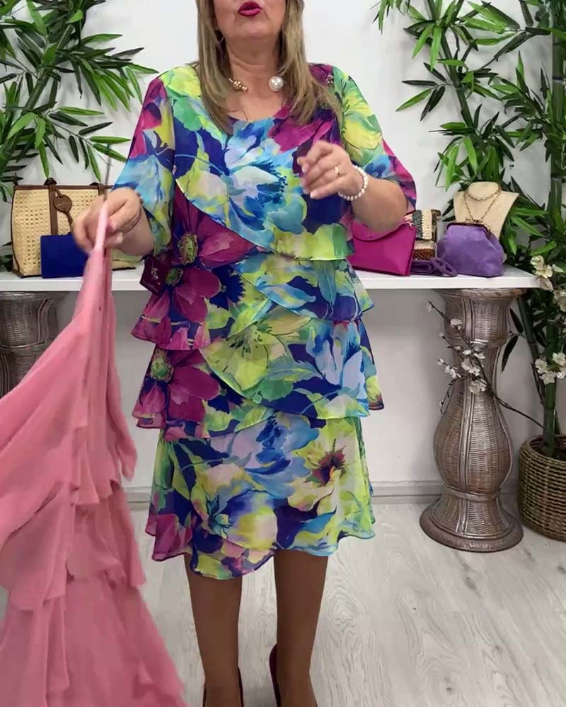 Floral print round neck ruffled half-sleeve dress casual dresses spring summer