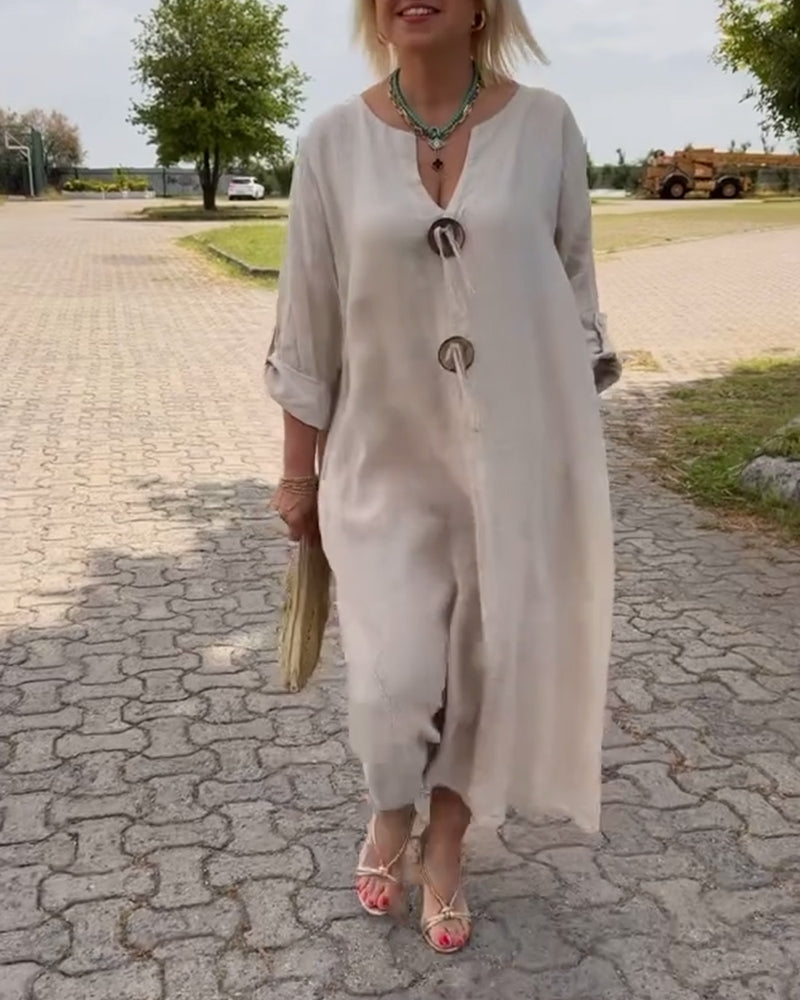 Solid color loose dress with folded sleeves 202466 casual dresses summer