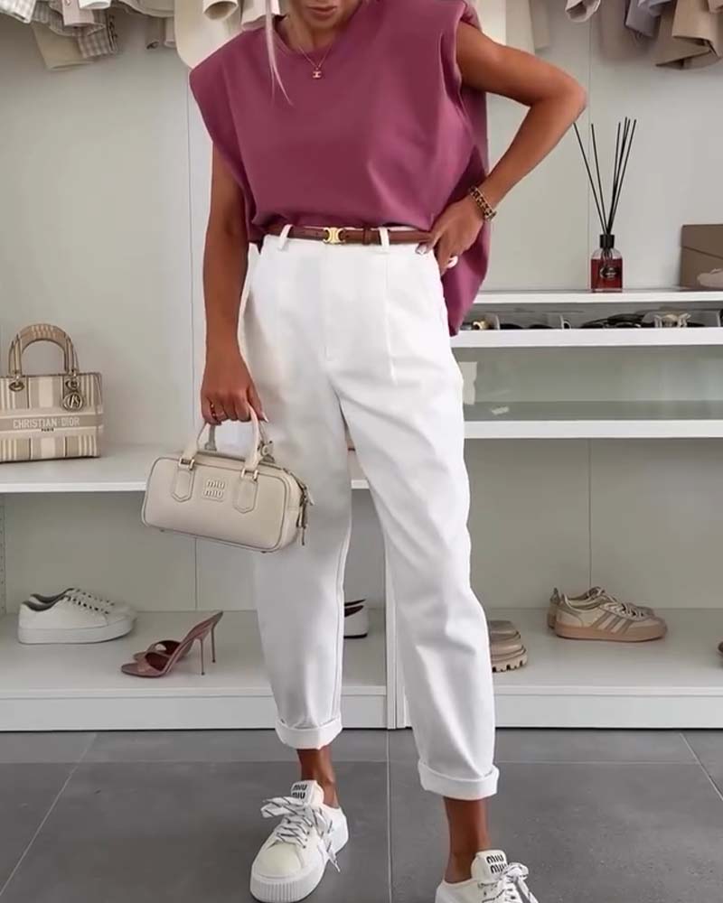 Sleeveless Solid Color Round Neck Casual Tank Top