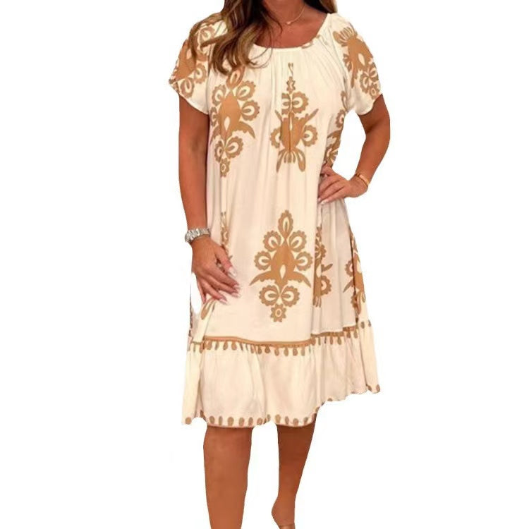 Printed round neck dress Apricot 23BF Casual Dresses Clothes Dresses Spring Summer