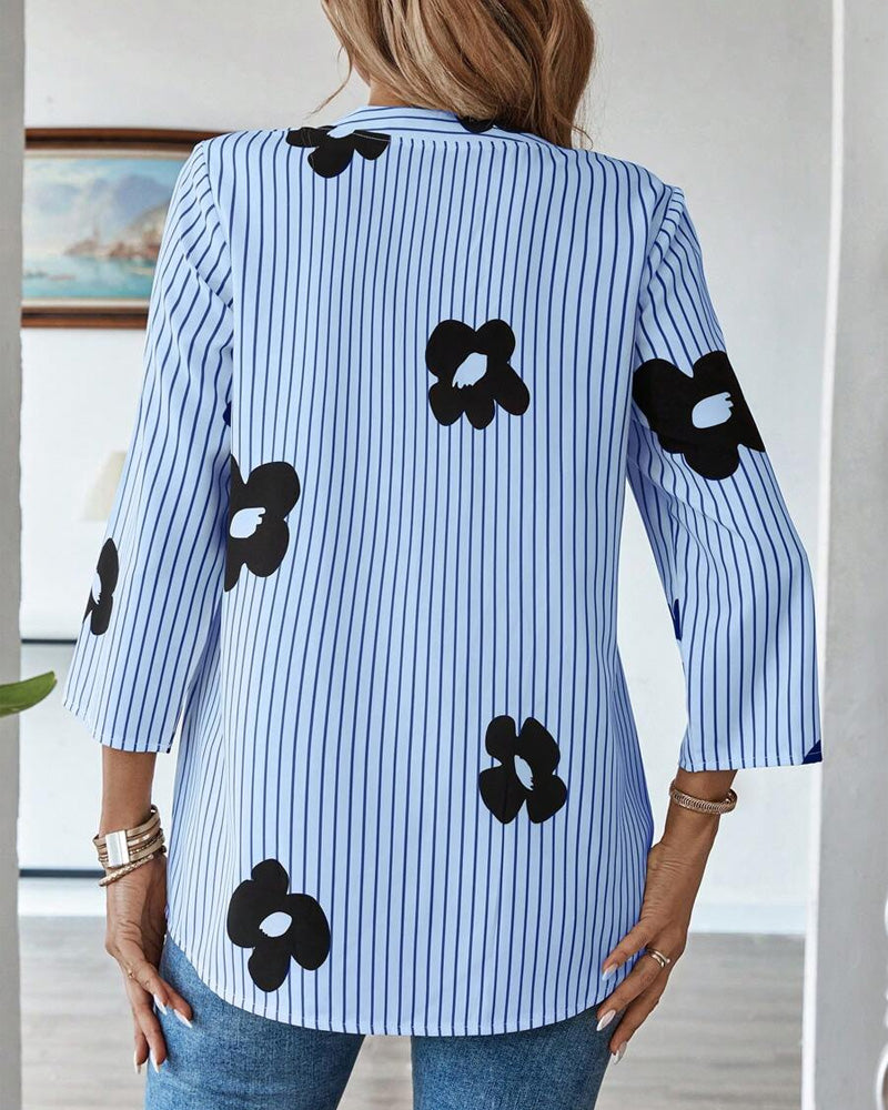 Striped Print V-Neck Fashion Shirt