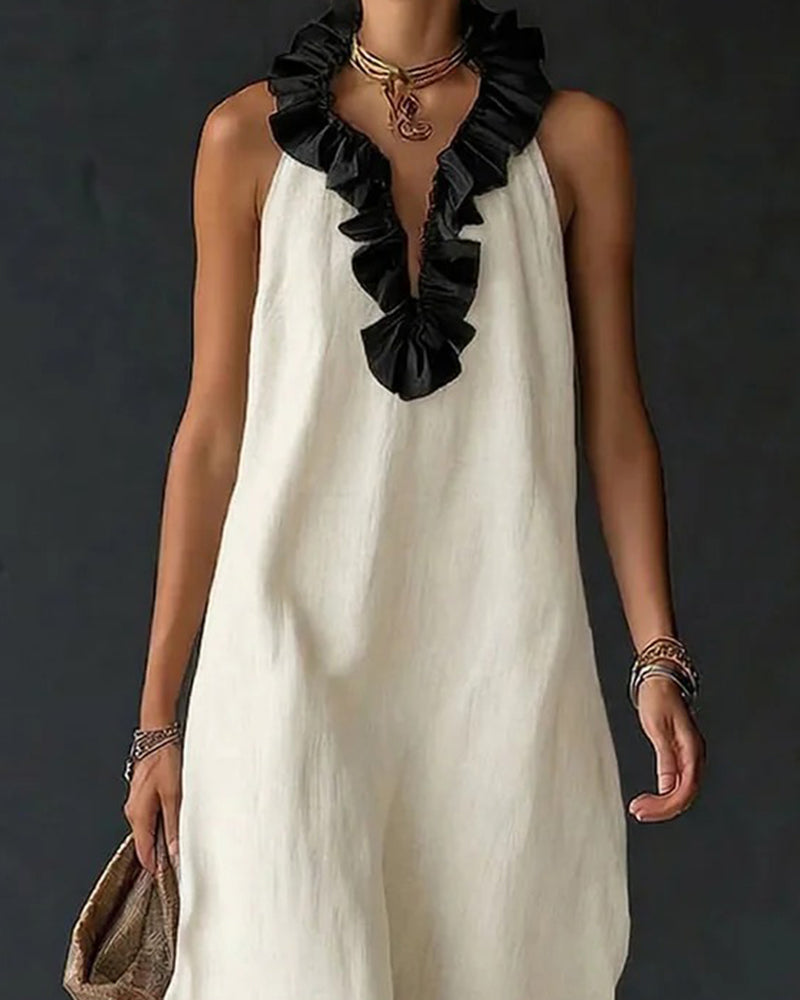 Contrast Ruffled Sleeveless Long Dress
