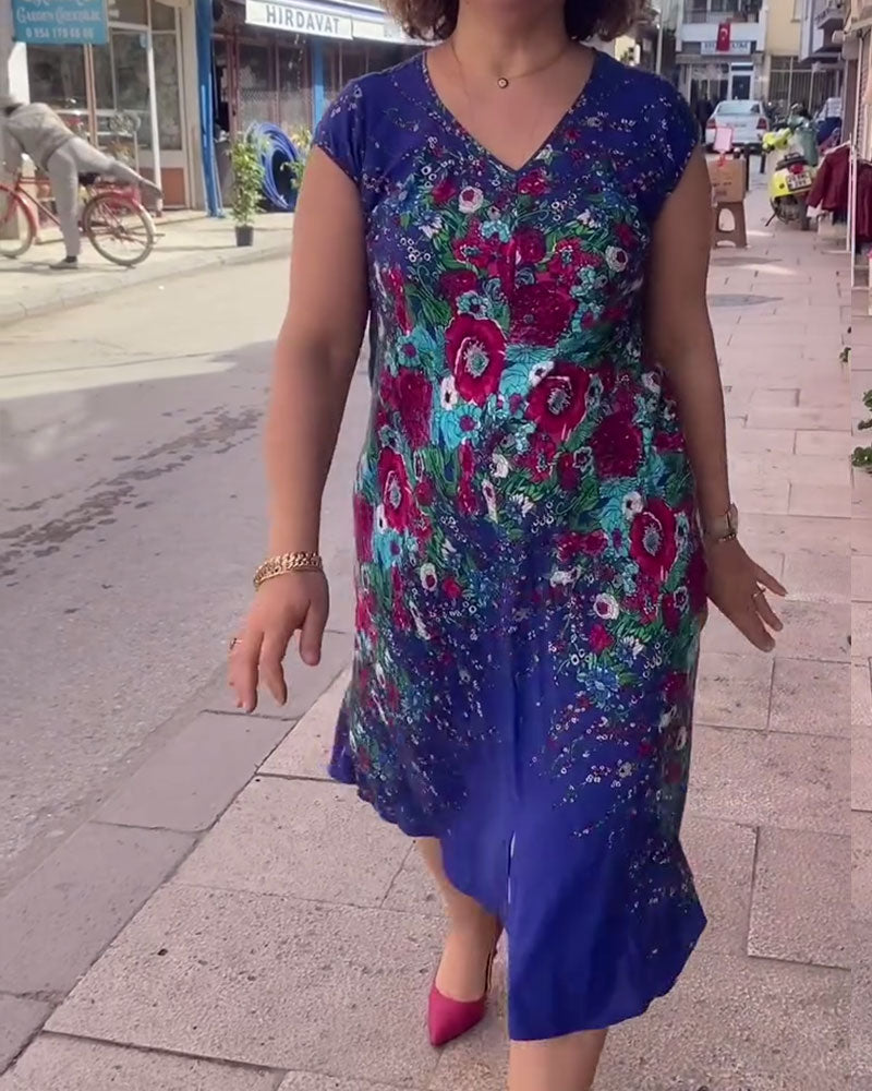 Abito casual con stampa floreale e scollo a V