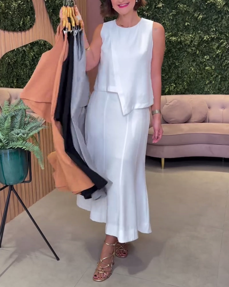 Casual Solid Color Sleeveless Irregular Slim Set