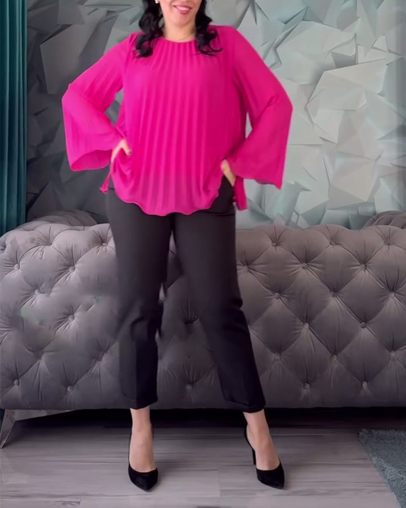 Casual solid color round neck pleated long sleeve blouse 202466 blouses & shirts spring summer