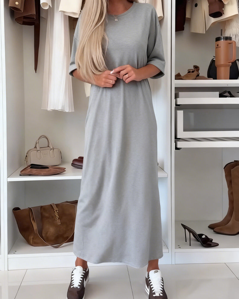 Solid Round Neck Slit Tunic Dress