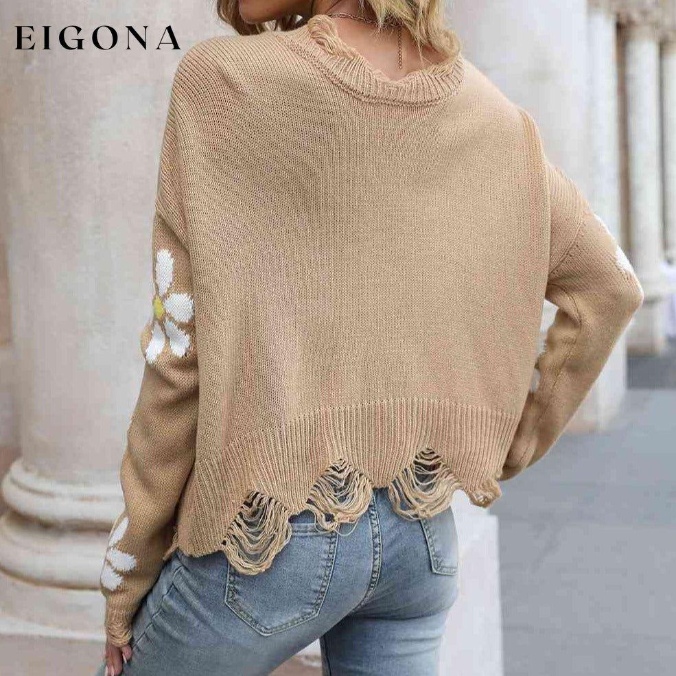 Flower Distressed Long Sleeve Sweater clothes Ship From Overseas X.X.W