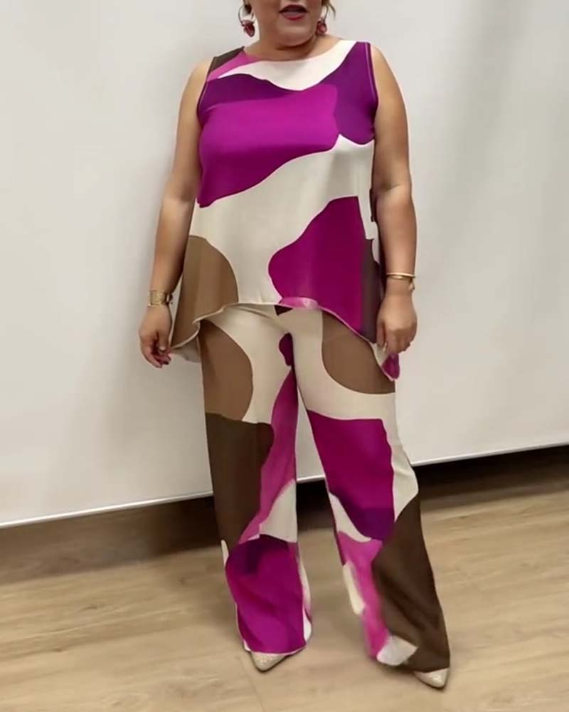 Sleeveless Geometric Pattern Wide-Leg Suit