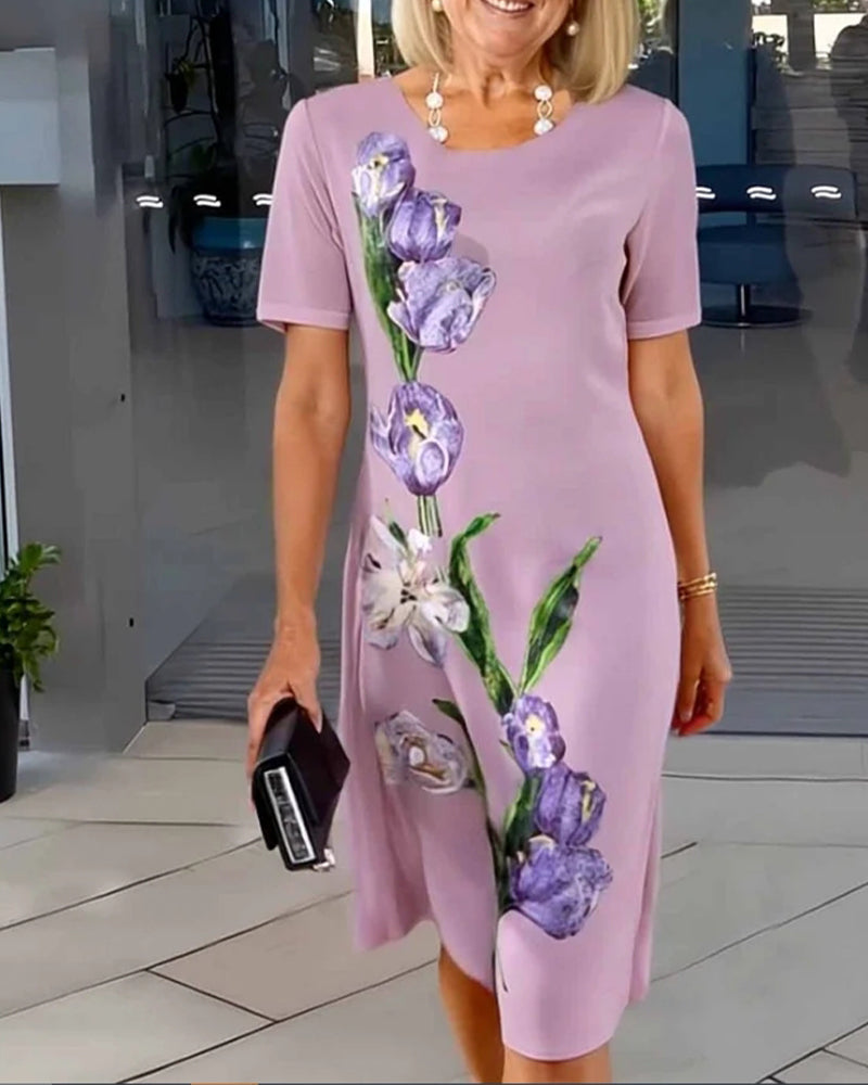 Round Neck Casual Floral Shift Dress