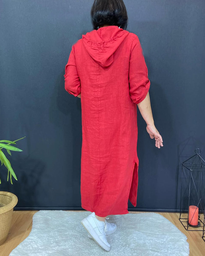Hooded Casual Slit Cotton And Linen Dress