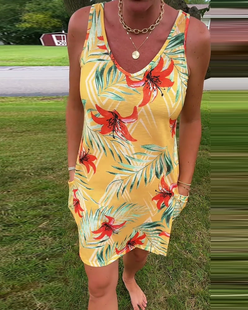 Abito dritto floreale senza maniche con scollo a V