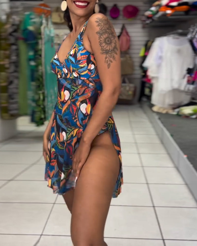 One-Piece Colorful Printed Slit Strap Swimsuit