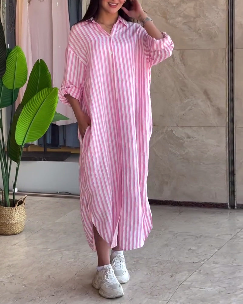 Loose Lapel Striped Dress