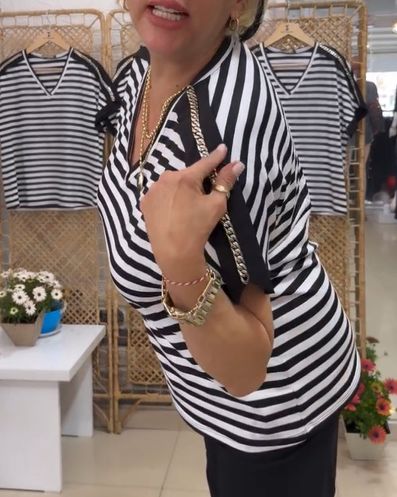 V-neck Striped Casual T-Shirt