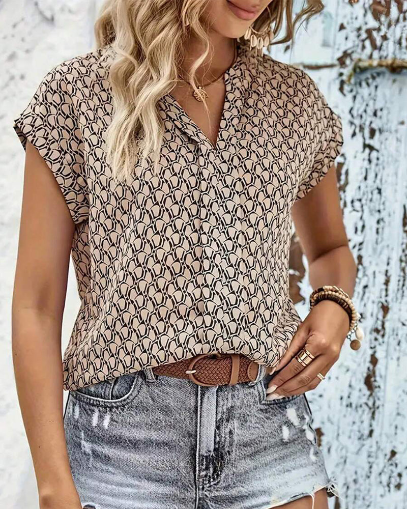 V-Neck Printed Casual Short-Sleeved Blouse