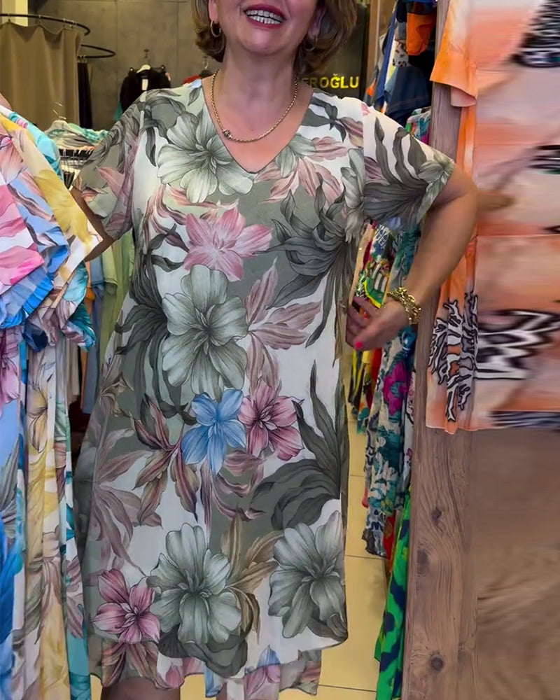 V-Neck Floral Short-Sleeved Print Dress