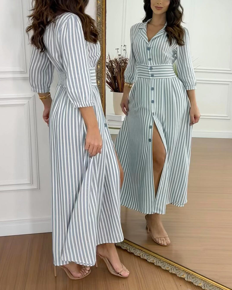 Stripe print lapel button elegant dress 202466 casual dresses spring summer