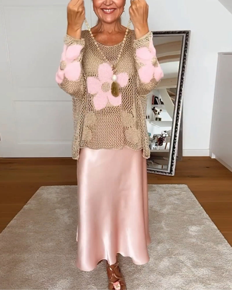 Casual floral round neck long sleeve hollow pullover 2023 f/w 202466 pullovers spring