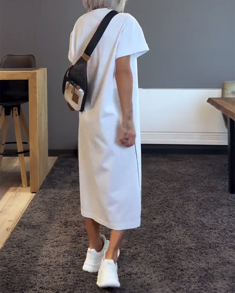 Round Neck Contrast Color Slit Casual Dress