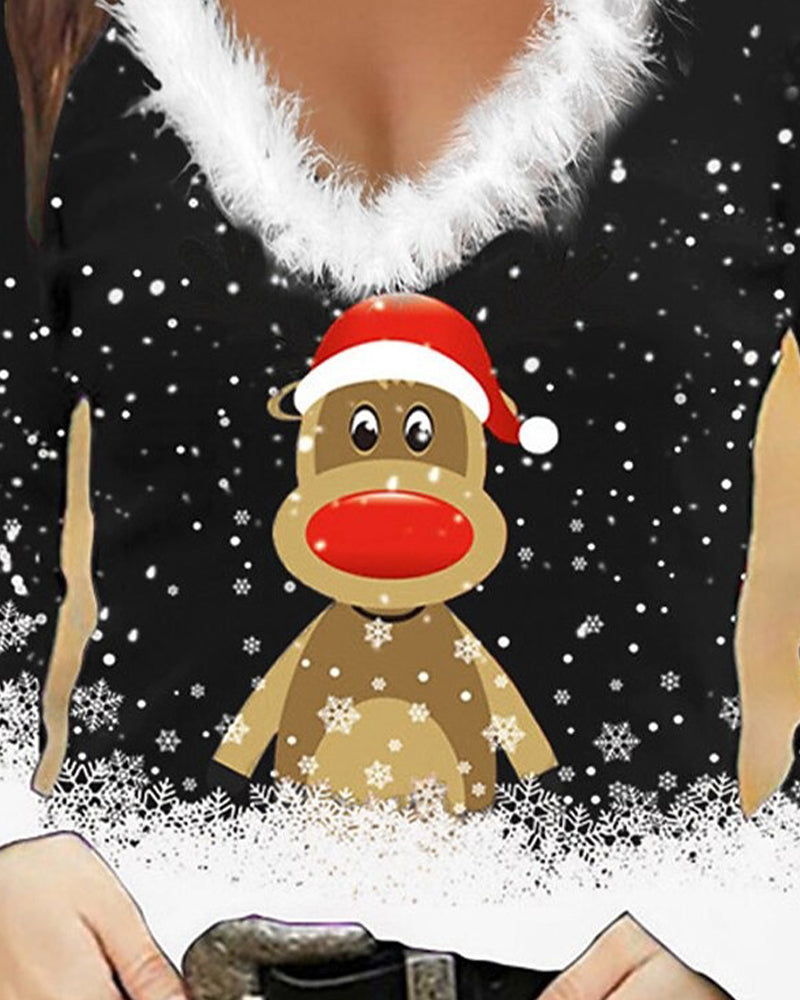 Fur Collar Slim-Fit Printed Top