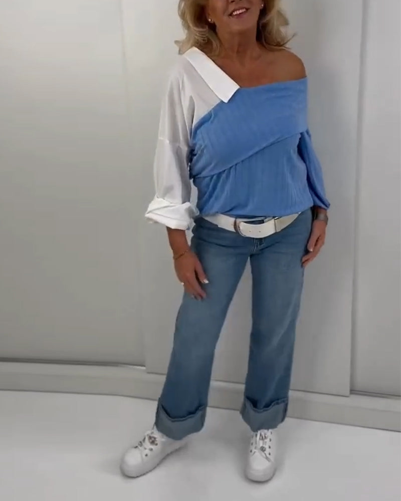 Off-Shoulder Irregular Contrast Color Blouse