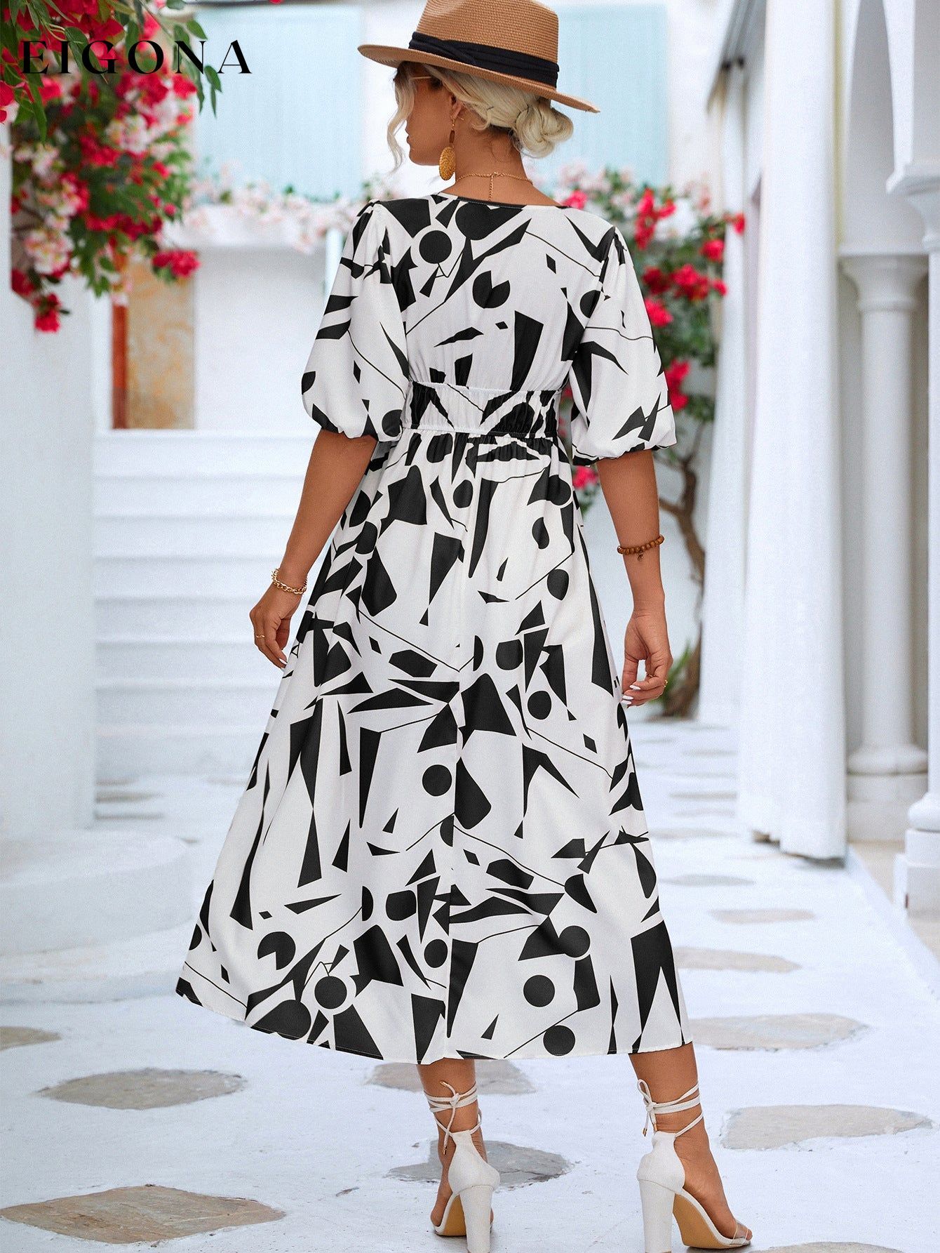 Printed Surplice Balloon Sleeve Dress casual dress casual dresses clothes dress dresses midi dress midi dresses Ship From Overseas YO