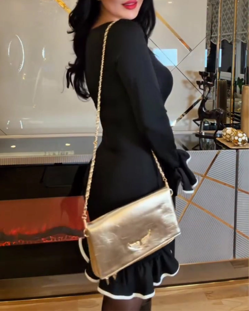 Slim-Fit Color-Block Lace Flounce Dress