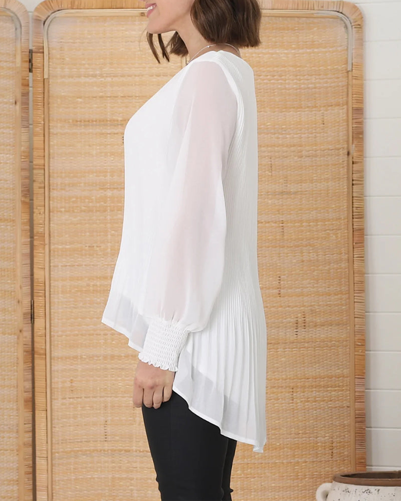 Casual solid color round neck pleated long sleeve top 202466 blouses & shirts spring summer