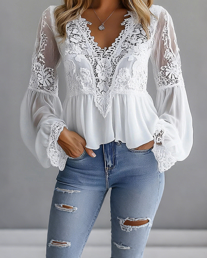 Lantern Sleeve Lace Patchwork Versatile Blouse
