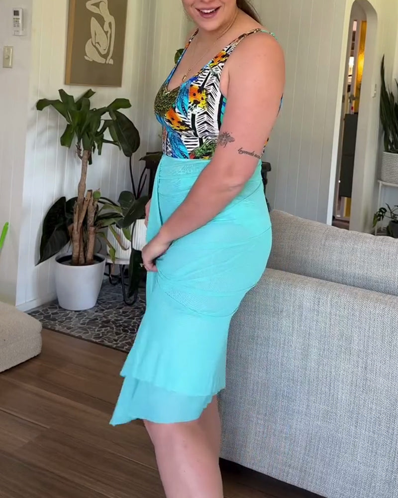 Women's Printed Shoulder-Tie One-Piece Swimsuit And Sarong Set