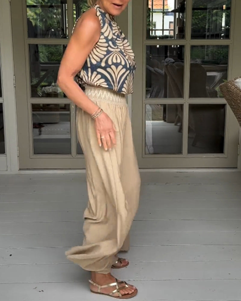 Contrast print patchwork casual wide-leg pants 202466 pants spring summer