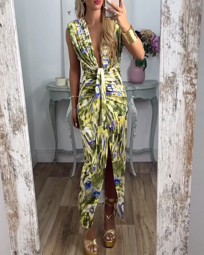 Fashionable printed deep V slit sleeveless slim dress 202466 casual dresses party dresses summer