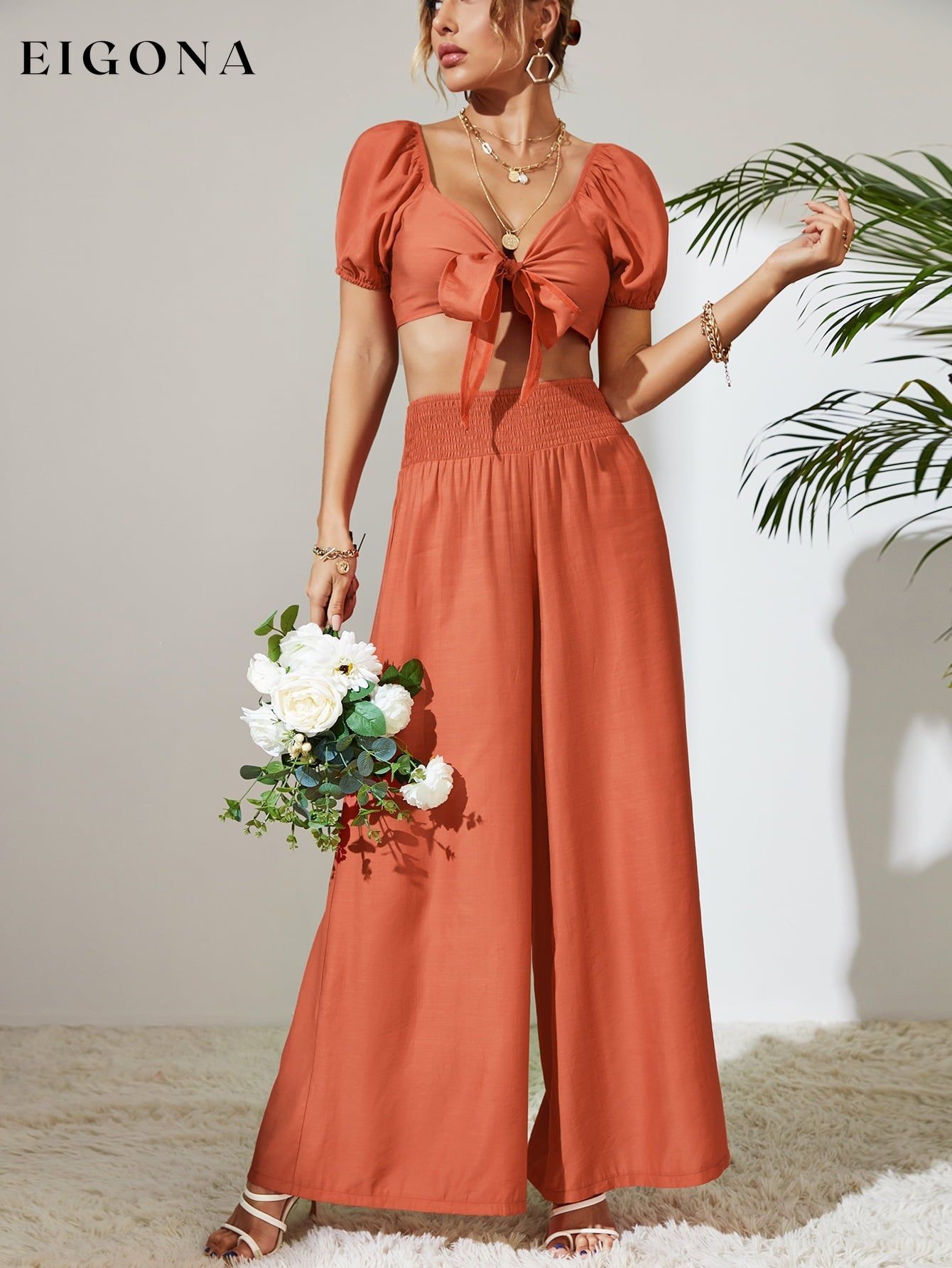 Tie Front Cropped Top and Smocked Wide Leg Pants Set clothes Hanny sets Ship From Overseas Shipping Delay 09/29/2023 - 10/04/2023