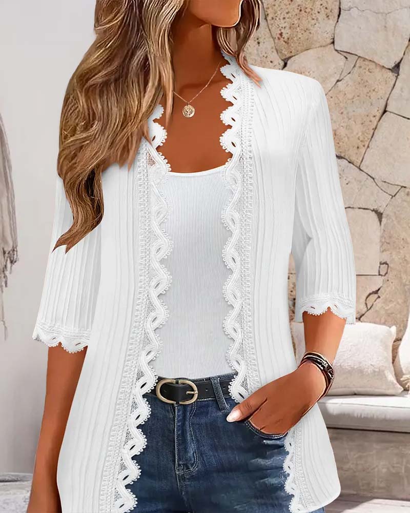 Mid-Length Sleeve Lace Trim Coat