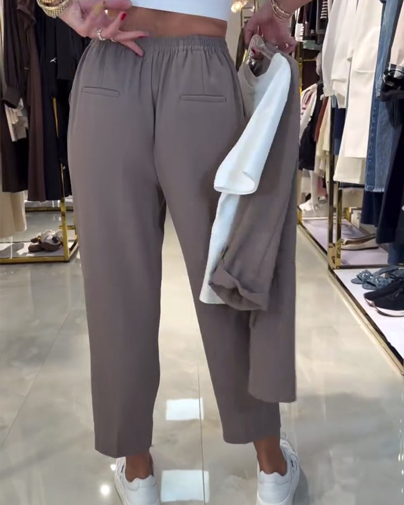 Solid-Color High-Waisted Drawstring Casual Pants