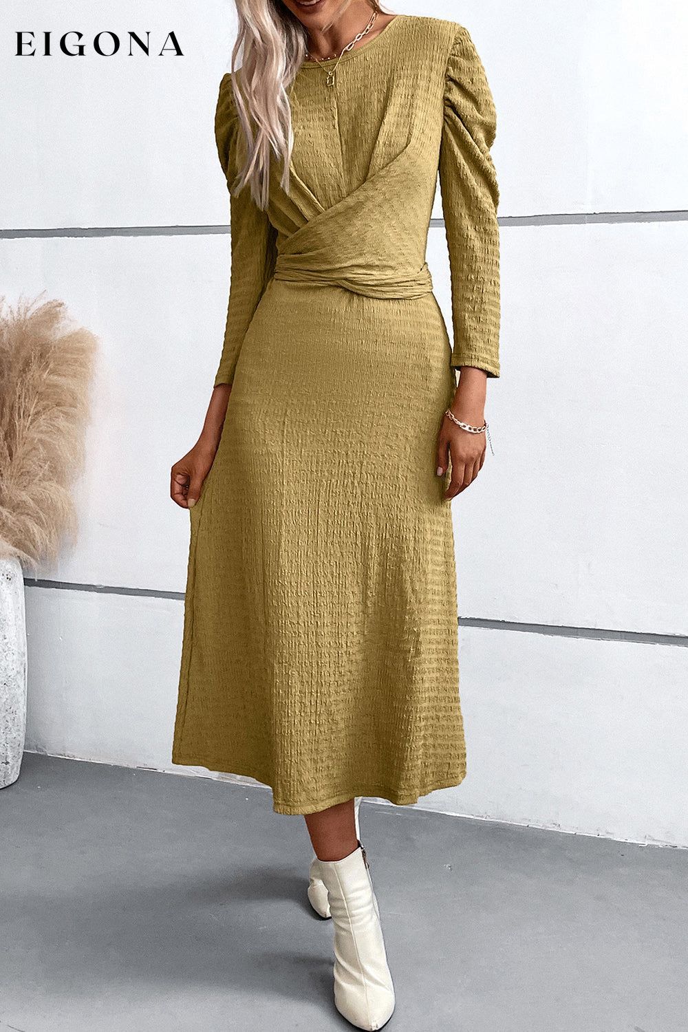 Crisscross Tied Puff Casual Long Sleeve Midi Dress casual dresses clothes dress dresses DY long sleeve dress long sleeve dresses midi dress midi dresses Ship From Overseas