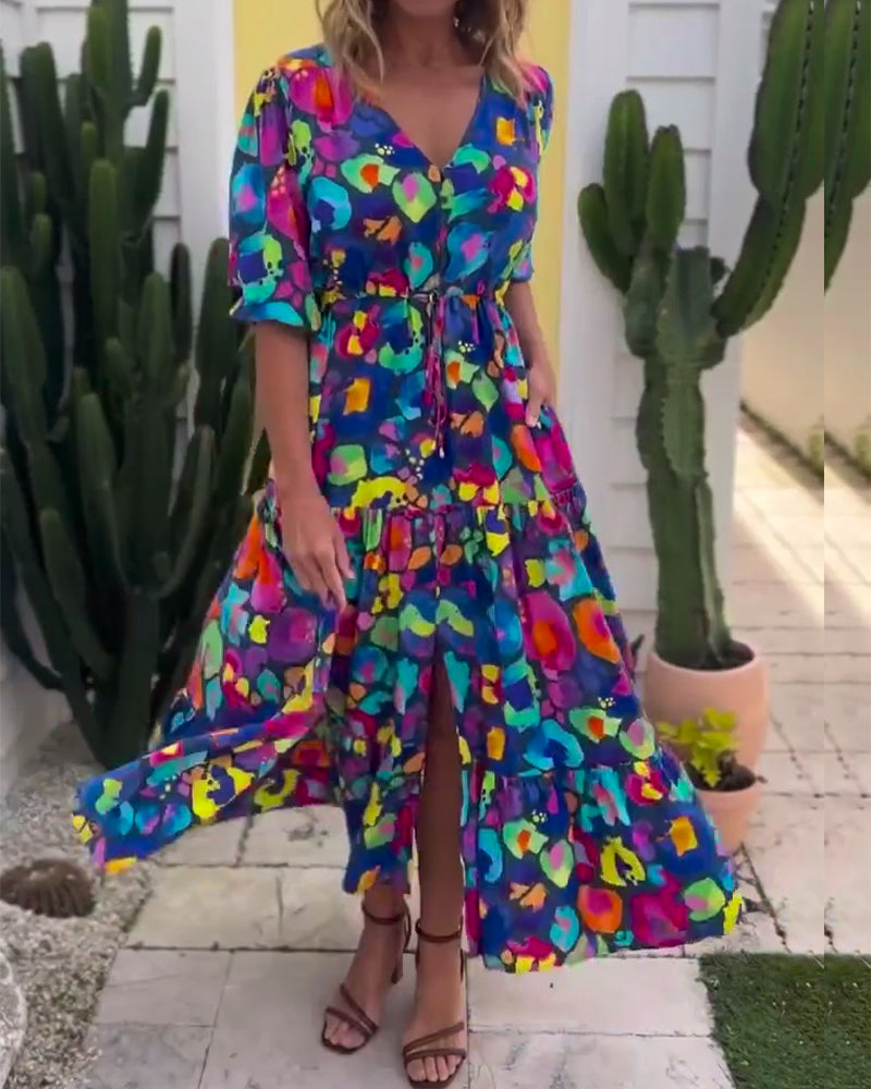 Kleid mit Laternenärmeln, Kordelzug und V-Ausschnitt